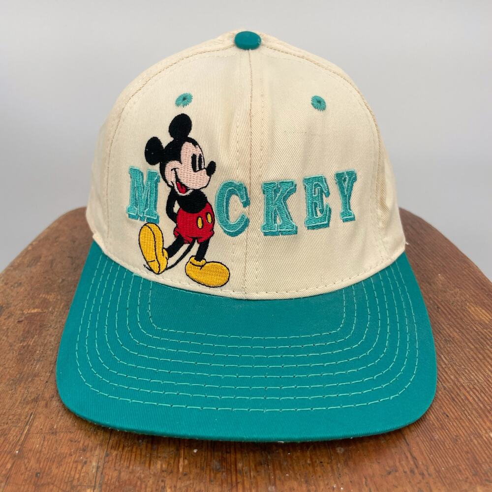 Vintage Disney Mickey Mouse Teal Ivory Embroidered Hat 90s Style Fitted Size S/M